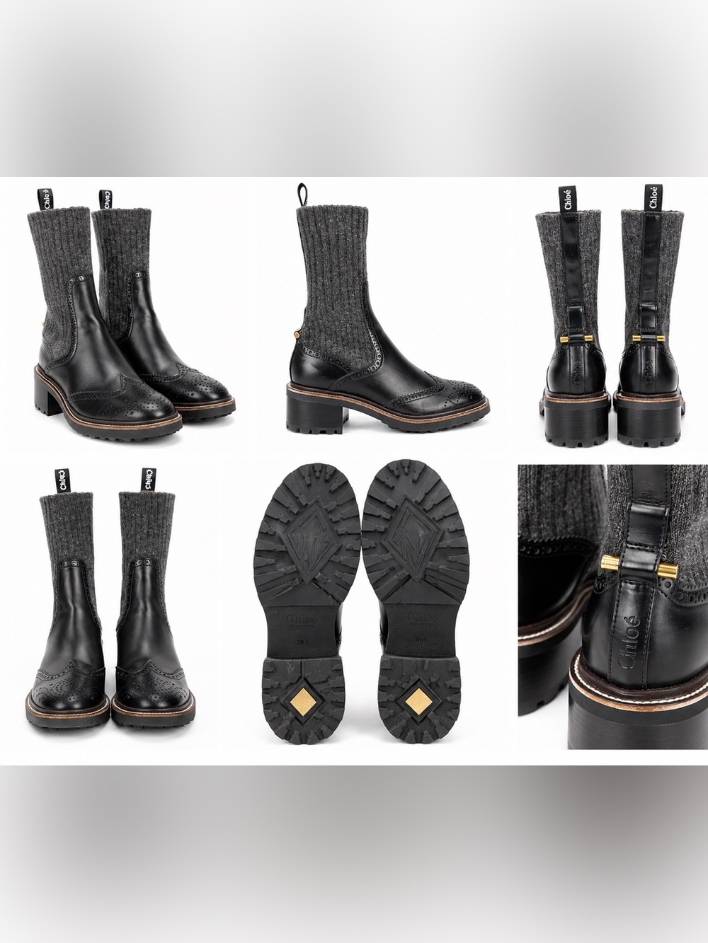 Chloe Franne Boots EU 38.5 Black Leather Grey Knit Sock Brogue Lug Sole -Italy